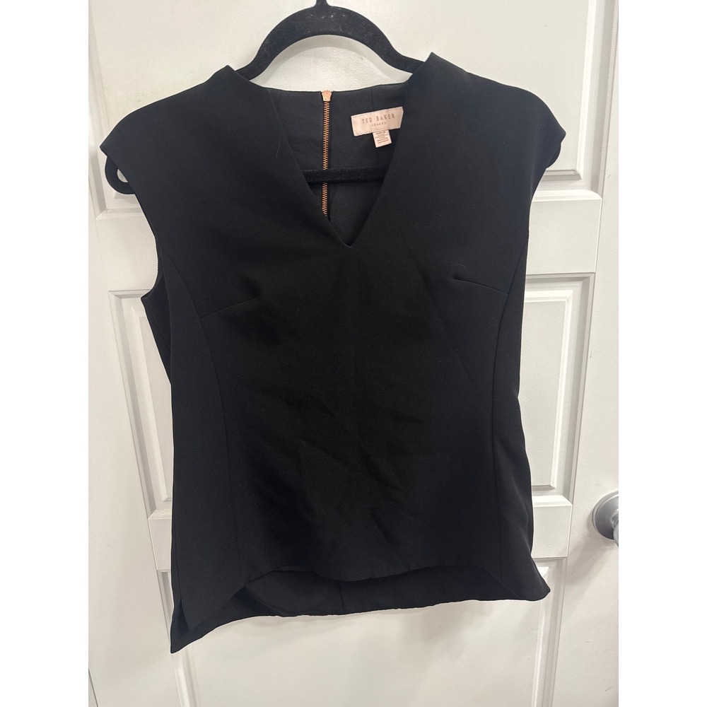 Ted Baker London Black V-Neck Sleeveless Top with Rose Gold Back Zipper Size 1